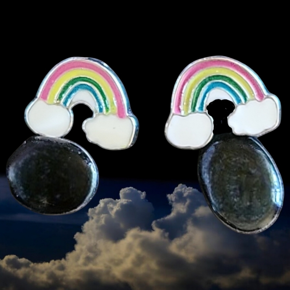 2 Pairs Vtg Cloud Rainbow/Oval Black Teardrop Enamel Post Earrings